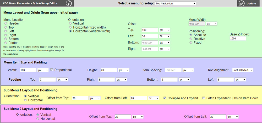 edit css menu parameters